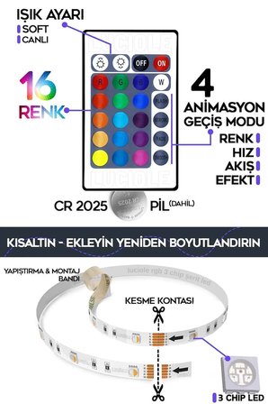 Tv Arkası Çocuk Yatak Odası Mutfak Salon Animasyon Rgb Led Kumandalı Tak Çalıştır 4 Metre 2024argb4
