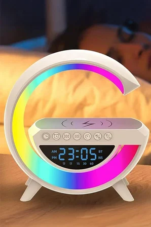 G Harfi Şeklinde Dijital Saat Kablosuz Şarj RGB Gece Lambası Bluetooth Hoparlör Çok Amaçlı İstasyon