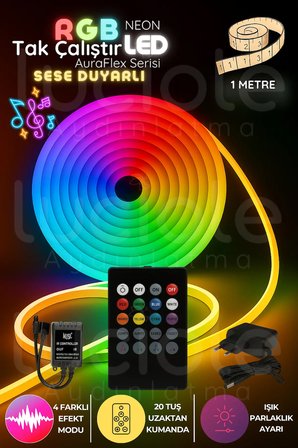 1 Metre Sese Duyarlı RGB Neon LED | AuraFlex Serisi | Müzik Senkron 20 Tuş Kumandalı Aydınlatma