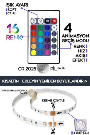 2 MT Şerit LED Animasyonlu Tak Çalıştır Kumandalı Rgb Işık Duvar Aydınlatma Ambiyans Abajur