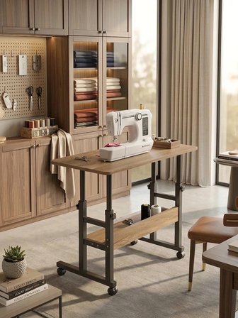  Atlas Yüksekliği Ayarlanabilir Dikiş Makinesi Sehpası Tekerlekli Çok Amaçlı Çalışma Masası Raflı 80x40 cm