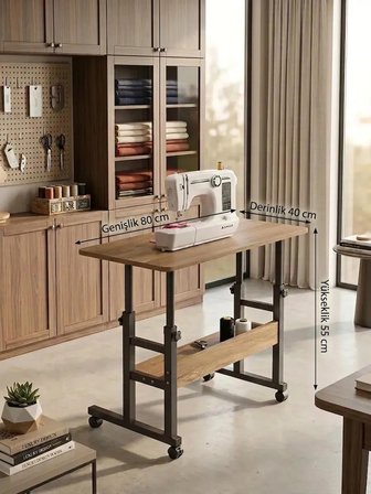 Atlas Yüksekliği Ayarlanabilir Dikiş Makinesi Sehpası Tekerlekli Çok Amaçlı Çalışma Masası Raflı 80x40 cm