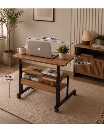 Homedora 70x40 cm Tekerlekli Laptop Sehpası – Çok Amaçlı Çalışma Masası | 2 Raflı Ahşap Metal Tasarım