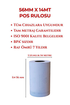 56x14 Termal Rulo - Yazarkasa Pos Rulosu 72 Paket 720 Adet 1 Koli