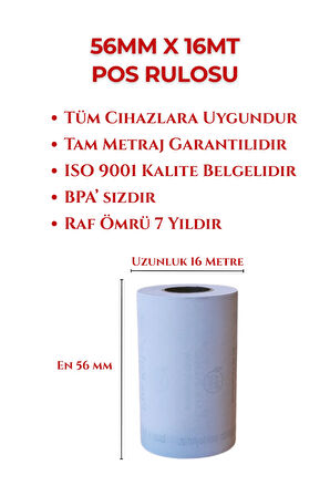 56x16 Termal Rulo - Yazarkasa Pos Rulosu 10 Paket 100 Adet 