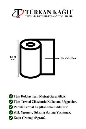 56x16 Termal Rulo - Yazarkasa Pos Rulosu 30 Paket 300 Adet