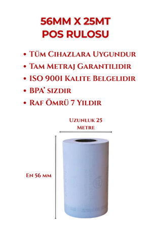 56x25 Termal Rulo - Yazarkasa Pos Rulosu 10 Paket 100 Adet 