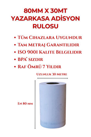 80x30 Termal Rulo - Yazarkasa Adisyon Rulosu 25 Paket 250 Adet 1 Koli