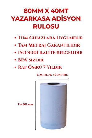 80x40 Termal Rulo - Yazarkasa Adisyon Rulosu 5 Paket 50 Adet