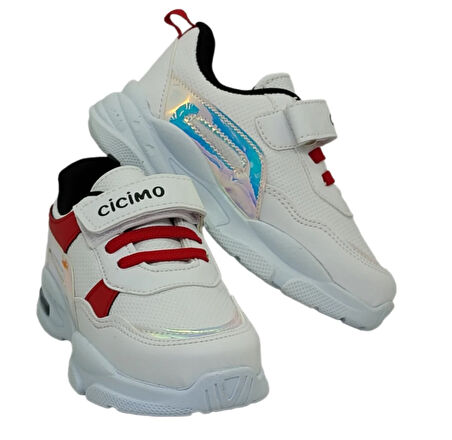 CİCİMO 007 Patik Cırtlı Alt Topuk Işıklı Ünisex Çocuk Sneaker Ayakkabı BEYAZ_KIRMIZI