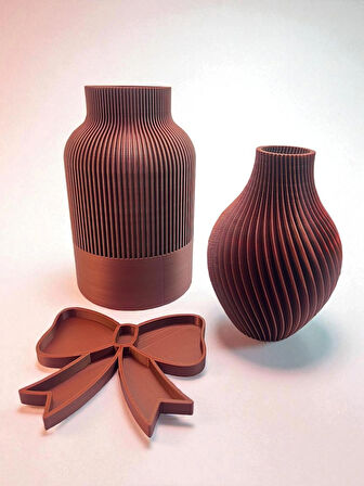 3'lü Set!  Spiral Desenli Dekoratif Vazo (2 Adet) ve Fiyonk Organizer - 3D Baskı Ev Dekoru Seti
