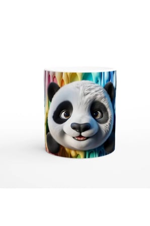 Renkli Damlaların Arasından Bakan Sevimli Panda Temalı Baskılı Porselen Kupa Bardak