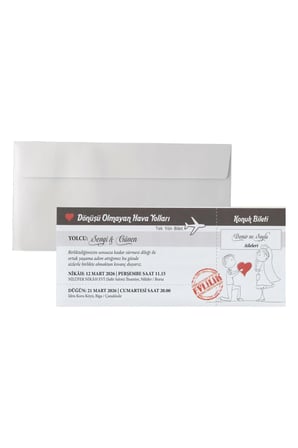49 Adet Ekoline Uçak Temalı Düğün Davetiyesi 22415 - Beyaz Zarflı
