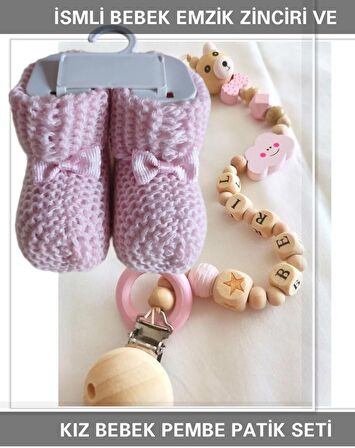 Sahi Aksesuar İsimli Bebek Emzik Zinciri ve Pembe Renk Patik Seti - sahi_0367