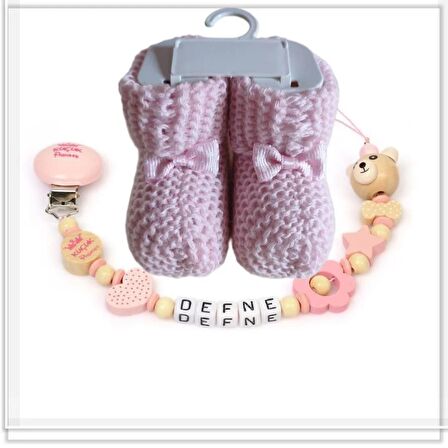 Sahi Aksesuar İsimli Bebek Emzik Zinciri ve Pembe Renk Patik Seti - sahi_0416