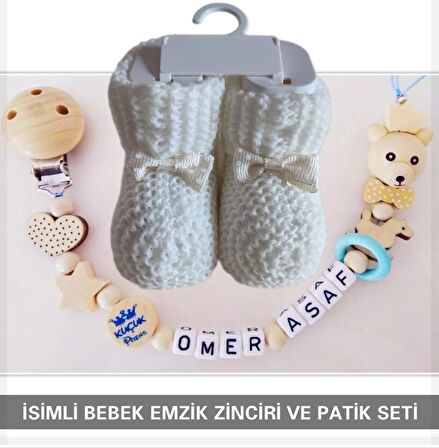 Sahi Aksesuar İsimli Bebek Emzik Zinciri ve Beyaz Renk Patik Seti - sahi_0427
