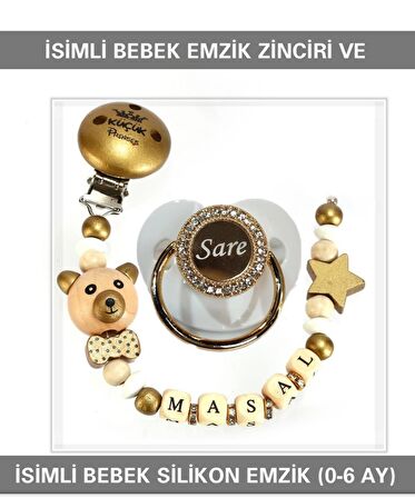 Sahi Aksesuar İsimli Bebek Emzik Zinciri Ve Bebek Silikon Emzik Seti (0-6 Ay/Yeni Doğan) sahi_0714
