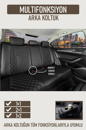 Renault Megane 4 Sedan 2016-2020 Uyumlu Lüx Yarı Deri Oto Koltuk Kılıfı Ön Arka Takım PETRA Serisi TAM SİYAH