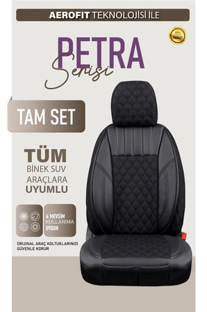 Renault Megane 4 Sedan 2016-2020 Uyumlu Lüx Yarı Deri Oto Koltuk Kılıfı Ön Arka Takım PETRA Serisi TAM SİYAH