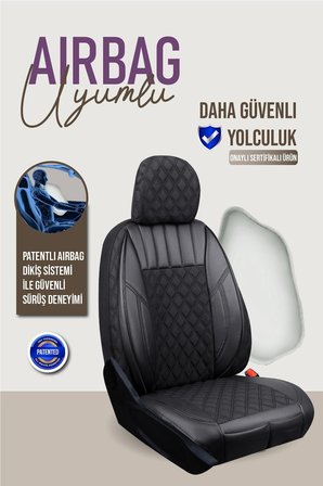 Renault Megane 4 Sedan 2016-2020 Uyumlu Lüx Yarı Deri Oto Koltuk Kılıfı Ön Arka Takım PETRA Serisi TAM SİYAH
