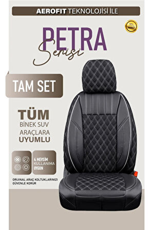 GMC Sierra Uyumlu Lüx Yarı Deri Oto Koltuk Kılıfı Ön Arka Takım PETRA Serisi SİYAH BEYAZ