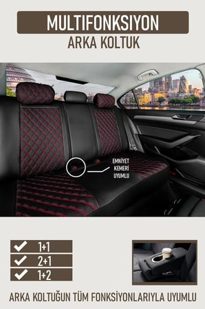 Hyundai İ10 Uyumlu Lüx Yarı Deri Oto Koltuk Kılıfı Ön Arka Takım PETRA Serisi SİYAH KIRMIZI