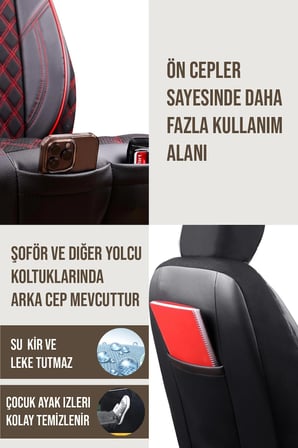 Hyundai İ10 Uyumlu Lüx Yarı Deri Oto Koltuk Kılıfı Ön Arka Takım PETRA Serisi SİYAH KIRMIZI