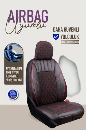 Hyundai İ10 Uyumlu Lüx Yarı Deri Oto Koltuk Kılıfı Ön Arka Takım PETRA Serisi SİYAH KIRMIZI