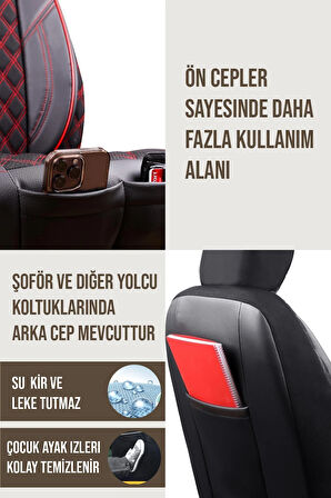 Mitsubishi Galant Uyumlu Lüx Yarı Deri Oto Koltuk Kılıfı Ön Arka Takım PETRA Serisi SİYAH KIRMIZI
