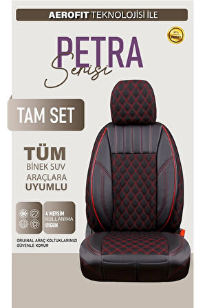 Toyota Cressida Uyumlu Lüx Yarı Deri Oto Koltuk Kılıfı Ön Arka Takım PETRA Serisi SİYAH KIRMIZI