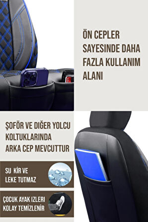 Citroen C5 AirCross Uyumlu Lüx Yarı Deri Oto Koltuk Kılıfı Ön Arka Takım PETRA Serisi SİYAH MAVİ