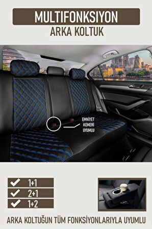 Ford Focus Active Stil Uyumlu Lüx Yarı Deri Oto Koltuk Kılıfı Ön Arka Takım PETRA Serisi SİYAH MAVİ