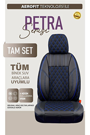 Toyota Yaris 2011-2014 Uyumlu Lüx Yarı Deri Oto Koltuk Kılıfı Ön Arka Takım PETRA Serisi SİYAH MAVİ