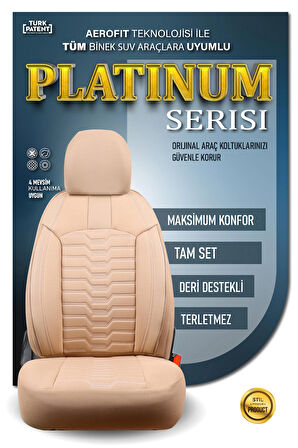 Chevrolet Aveo Hatchback ile Uyumlu Lüx Deri Detaylı Oto Koltuk Kılıfı Ön Arka Takım PLATINUM Serisi BEJ