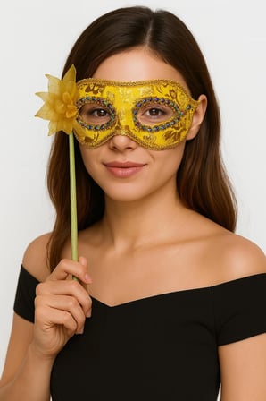 Lüks Taşlı Saplı Maskeli Balo Maskesi Altın Renk 35 Cm