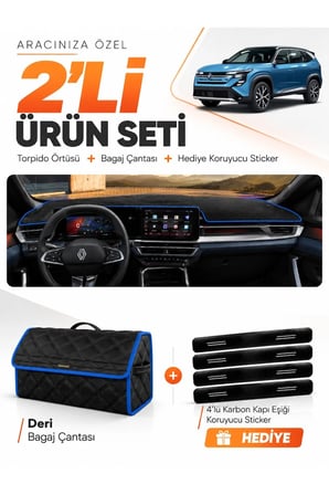 e-biz RENAULT BOREAL (2025-SONRASI) Uyumlu Torpido Örtüsü + Deri Bagaj Çantası - Siyah-Mavi - RE055