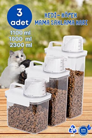 3 Lü Sızdırmaz Depolama Kedi Köpek Mama Saklama Kabı- Ölçekli Erzak Depolama 1100 ml 1800 ml 2300 ml   