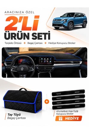 e-biz RENAULT BOREAL (2025-SONRASI) Uyumlu Torpido Örtüsü + Tay Tüyü Çanta - Siyah-Mavi - RE055