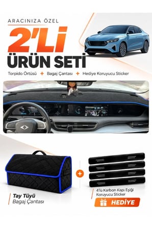 e-biz TOGG T10F (2025 ve Sonrası) Uyumlu Torpido Örtüsü + Tay Tüyü Çanta - Siyah-Mavi - TOGG01