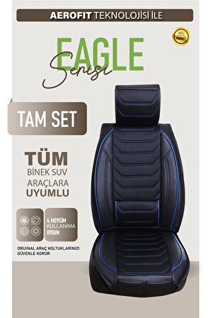 Chrysler 300 C Uyumlu Lüx Deri Oto Koltuk Kılıfı Ön Arka Takım TREND Serisi SİYAH MAVİ