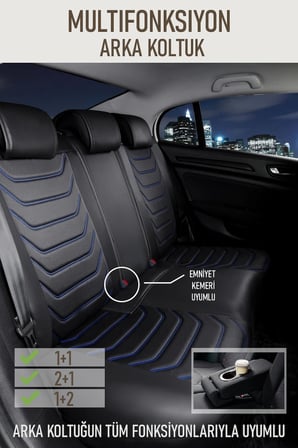 Ford Focus 5 Sedan Uyumlu Lüx Deri Oto Koltuk Kılıfı Ön Arka Takım TREND Serisi SİYAH MAVİ
