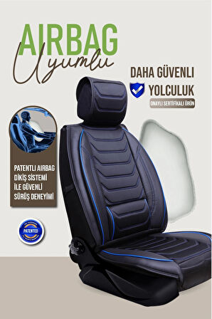 Renault Fluence Z.E. Uyumlu Lüx Deri Oto Koltuk Kılıfı Ön Arka Takım TREND Serisi SİYAH MAVİ