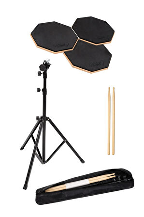 Bateri Davul Drum Pratik Çalışma Pedi ve Standı Baget 3'lü Set Çantalı