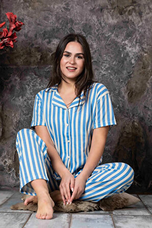 Stella Düğmeli Mavi Beyaz Çizgili Lilkralı Viskon Homewear Pijama Takımı