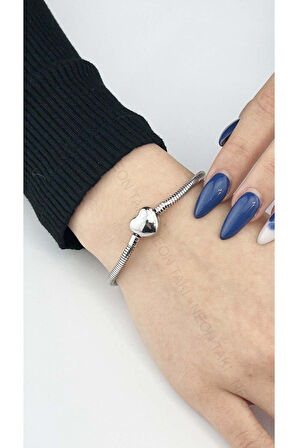Charm Taşıyıcı, Paslanmaz Çelik, Pan Bileklik 139, Kalp Klipsli, 19cm, Gümüş renk