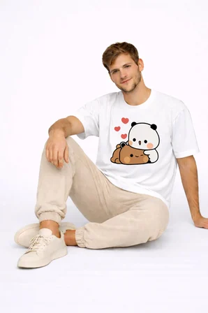 Sevimli Panda Baskılı Sevgili Kombini Çift Tişört Oversize Unisex Çift Kombin 2'Li Set