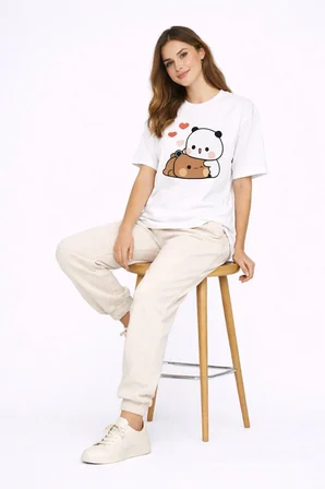 Sevimli Panda Baskılı Sevgili Kombini Çift Tişört Oversize Unisex Çift Kombin 2'Li Set