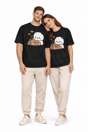 Sevimli Panda Baskılı Sevgili Kombini Çift Tişört Oversize Unisex Çift Kombin 2'Li Set