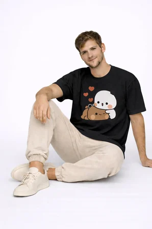 Sevimli Panda Baskılı Sevgili Kombini Çift Tişört Oversize Unisex Çift Kombin 2'Li Set