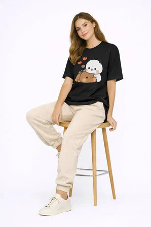 Sevimli Panda Baskılı Sevgili Kombini Çift Tişört Oversize Unisex Çift Kombin 2'Li Set